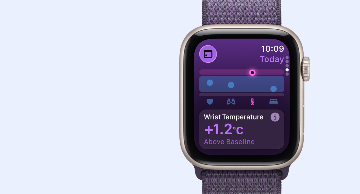 Apple Watch SE 3, aluminum case, starlight colour, wrist temperature metrics, right side exterior, Digital Crown, band, Sport Loop, purple fog colour