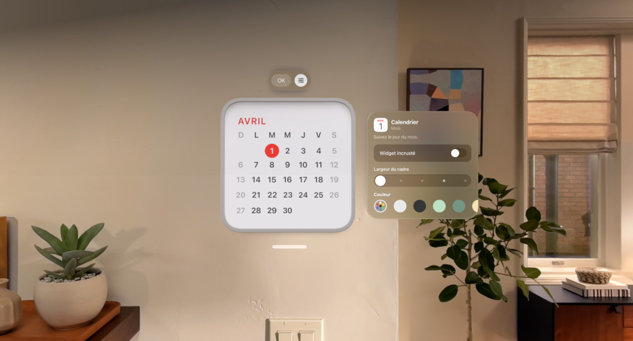 Widget Calendrier, avec la date du premier avril sélectionnée, flottant au mur, widget Rappels flottant au-dessus, et à droite, options de personnalisation flottantes pour l’épaisseur et la couleur du cadre