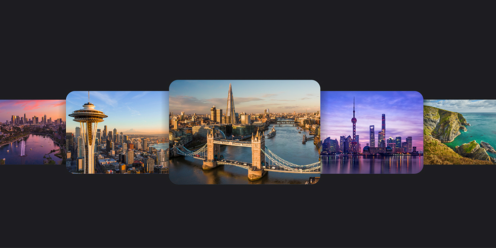 Aerial shots of Seattle, London, and Shanghai.