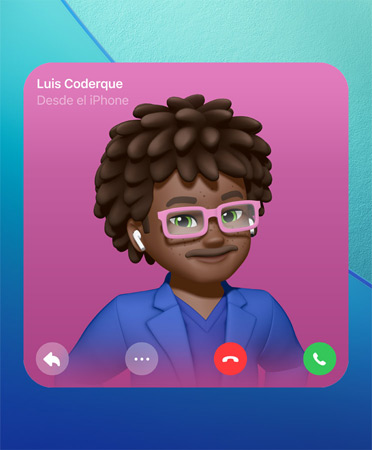 Póster de contacto de FaceTime con un Genmoji en el centro, el nombre de la persona en la parte superior izquierda e iconos para responder, más opciones, colgar y contestar en la parte inferior