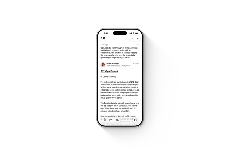 Three iPhone devices showing Apple Intelligence: voicemail summary, record and summarise notes and calls, and summarise email