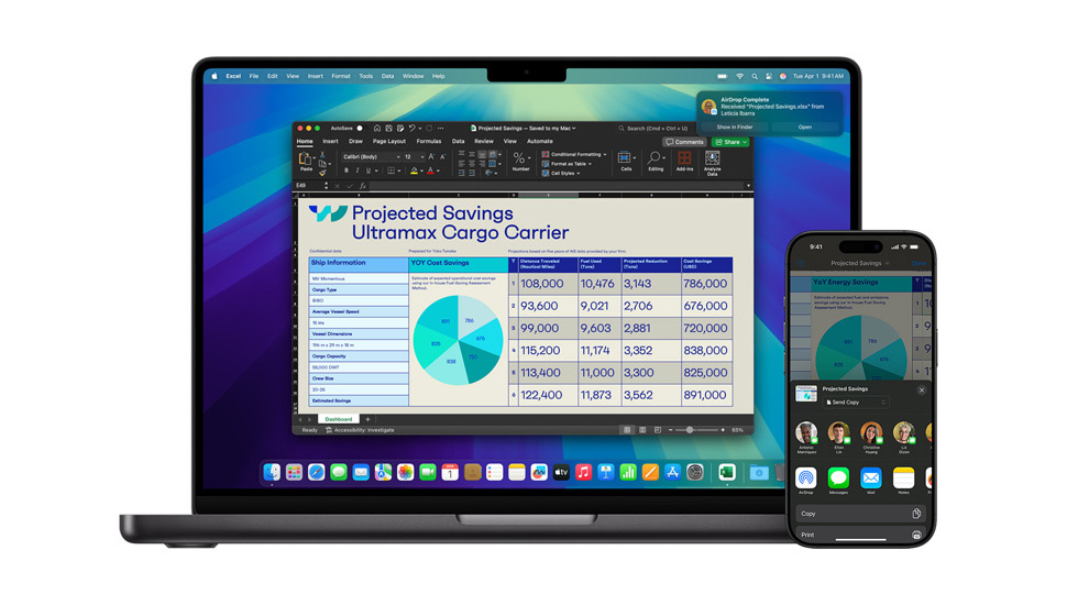 En Mac og en iPhone viser en Keynote-præsentation.