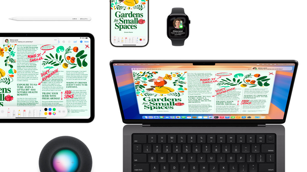En række enheder, herunder iPad, iPhone, Apple Watch og Mac, som alle viser det samme indhold.