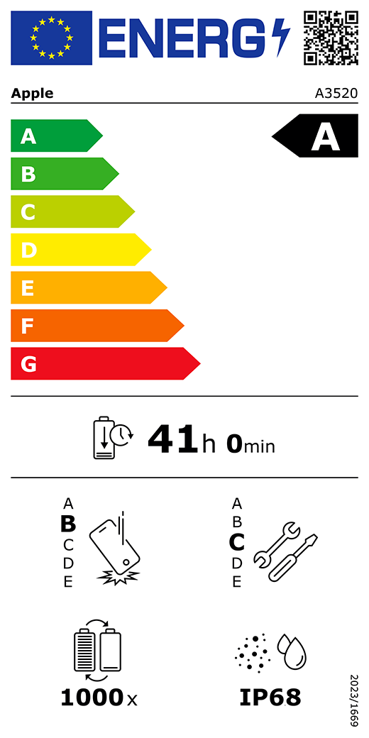 QR-kod för energimärkning och information (EU), Apple-modell A3520, klass A, klasser för energieffektivitet (skala från A till G), A (mest effektiv) till G (minst effektiv), batteritid per laddningscykel, 41 timmar och 0 minuter vid full laddning, tillförlitlighet vid upprepat fritt fall: klass B, A (mest robust) till E (minst robust), reparerbarhet: klass C, A (mest reparerbar) till E (minst reparerbar), batteriets livslängd i antal cykler: 1000, IP68-klassad damm- och vattentålighet, förordning 2023/1669.