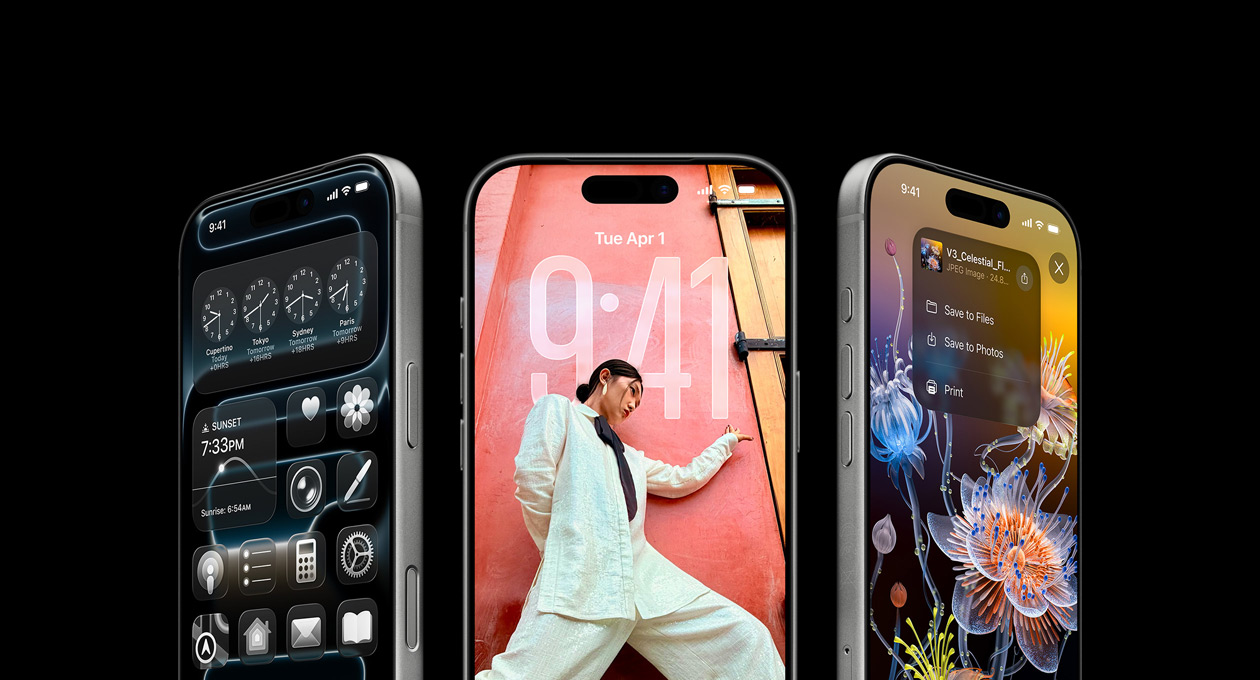 iPhone 17 Pro-modeller, fra forsiden, side om side, viser Verdensklokke-appen, låst skjerm for iOS 26, og hvordan lagre fra Notater i Notater-appen.