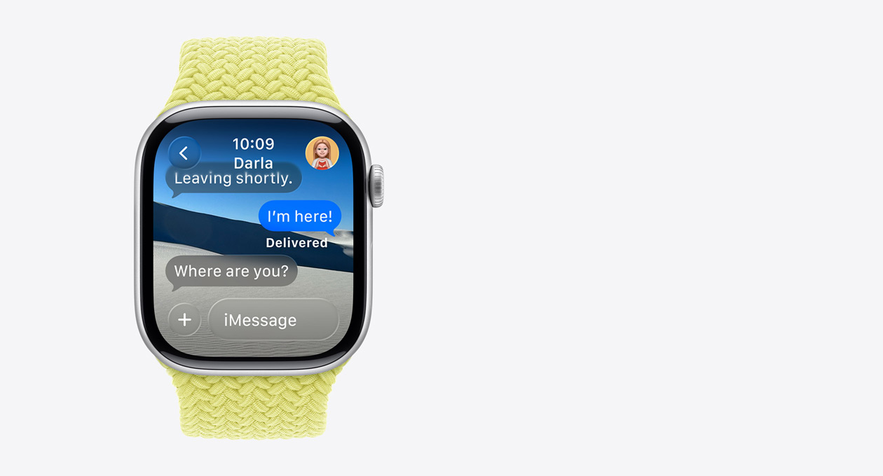 Apple Watch in Silber, blau-violettes Armband, transluzente Nachricht auf dem Bildschirm: «Wo bist du?», das Wort Vorschläge darunter mit einer intelligenten Aktion zum Teilen des Standorts für 1 Stunde