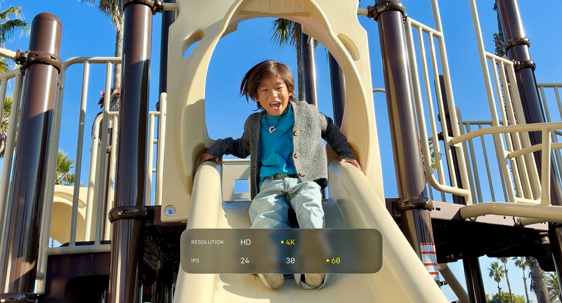 Image provenant d’une vidéo 4K, montrant les options d’enregistrement vidéo, notamment la résolution et la fréquence d’images