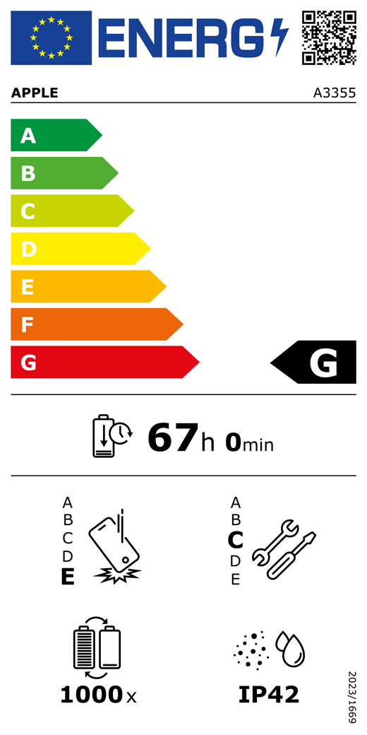 EU oznaka energetske učinkovitosti – QR kôd i informacije, Apple model A3355, razred G, razredi energetske učinkovitosti (sa skalom od A do G), A (najučinkovitiji) do G (najmanje učinkovit), izdržljivost baterije po ciklusu, 67 sati i 0 minuta po punom punjenju baterije, klasa pouzdanosti pri ponovljenim slobodnim padovima E, A (najizdržljiviji) do E (najmanje izdržljiv), klasa popravljivosti C, A (najlakše popravljivo) do E (najteže popravljivo), 1000 ciklusa izdržljivosti baterije, zaštita od prašine i vode (IP) ocjena IP42, uredba 2023/1669
