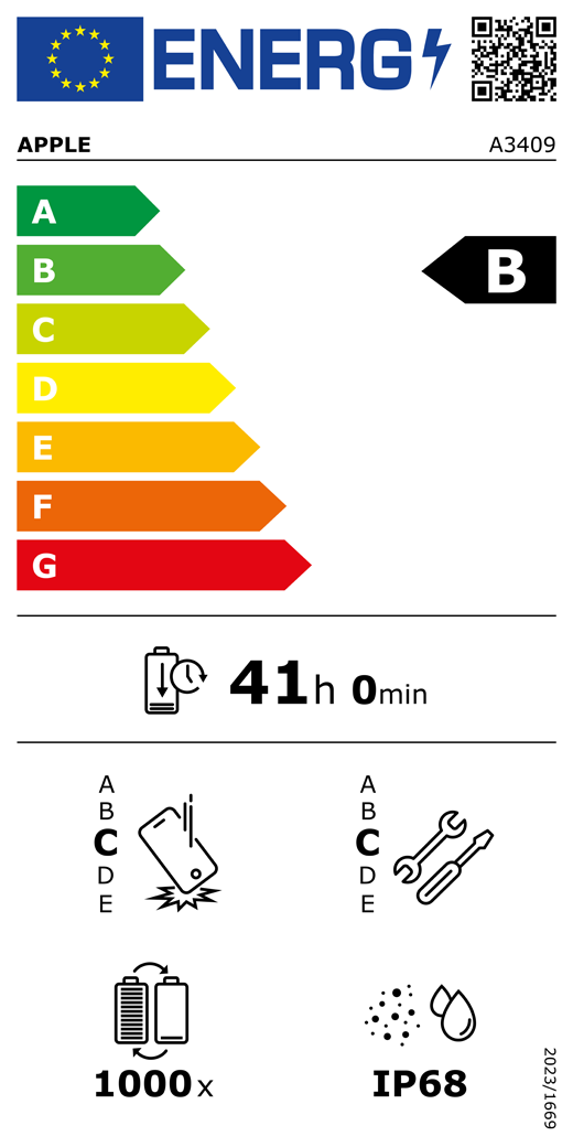 Európai Uniós energiacímke, QR-kód és információ, A3409-es Apple-modell, B osztályú, energiahatékonysági osztályok (A-tól G-ig terjedő besorolás), A (leghatékonyabb), G (legkevésbé hatékony), akkumulátor élettartama ciklusonként, 41 óra és 0 perc teljesen feltöltött akkumulátor esetében, megbízhatóság ismételt leejtés esetében: C osztály, A-tól (legstrapabíróbb) E-ig (legkevésbé strapabíró) terjedő besorolás, C osztályú javíthatóság, A-tól (leginkább javítható) E-ig (legkevésbé javítható) terjedő besorolás, akkumulátor élettartama 1000 működési ciklusban, IP68-as por- és vízállósági besorolás, 2023/1669-es rendelet