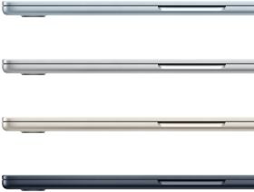 الجزء الجانبي الخارجي لأربعة أجهزة MacBook Air يبيّن أربعة ألوان مختلفة