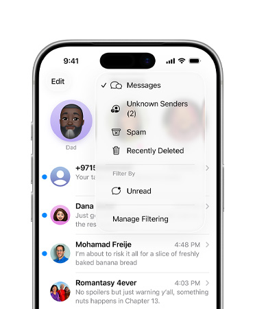 iPhone, top two-thirds only, screen shows Messages app with the new screening tools overlay menu feature
