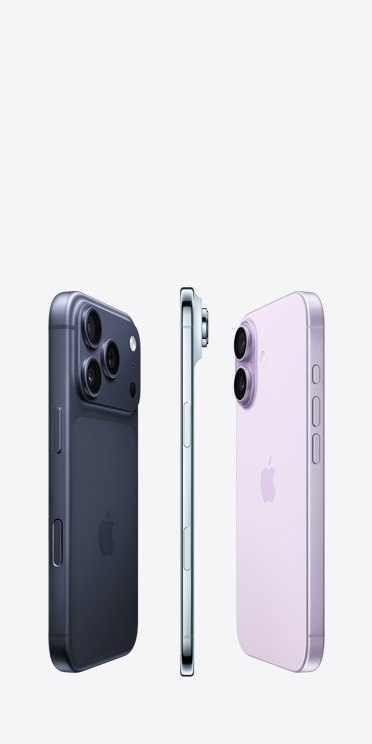iPhone 17 Pro, parte posterior, sistema de cámaras Pro Fusion en la parte superior, iPhone Air, parte lateral de titanio muy delgada, iPhone 17, parte posterior, sistema avanzado de dos cámaras en la esquina superior izquierda