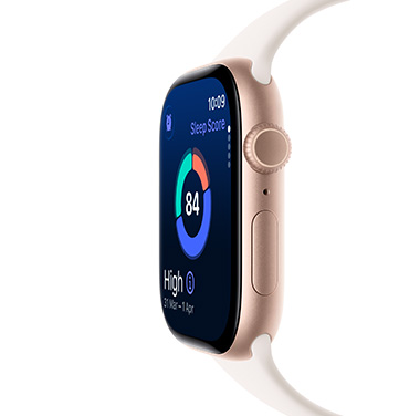 Side view of an Apple&nbsp;Watch Series&nbsp;11 in Rose Gold Aluminium with sleep score and other dynamic data visible on display.