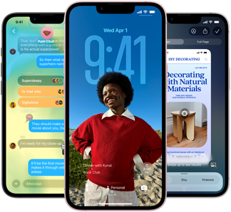 Tri iPhony 17e, na obrazovkách vidno apku Správy v dizajne Liquid Glass, dynamická zamknutá obrazovka a používanie funkcií Visual Intelligence