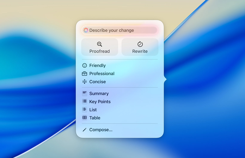 UI for Writing Tools with a text field to enter prompts, buttons for Proofread and Rewrite, different tones of writing voice, and options for summarise, key points, table and list