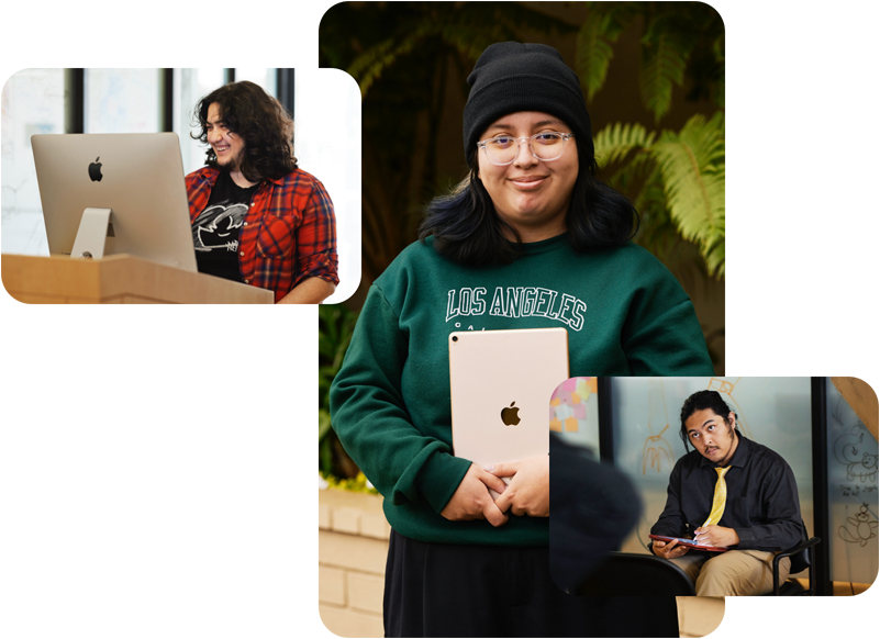 三張參與 Exceptional Minds 課程的學生照片，一位學生使用 Mac 電腦工作；一位學生手持 iPad，裝置背面朝外；一位學生看著模特兒，並使用 Apple Pencil 在 iPad 上繪圖