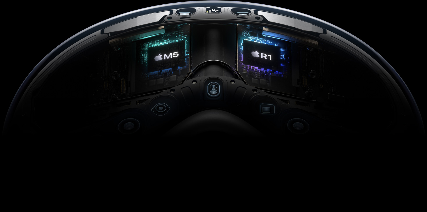 Apple Vision Pro 的內部技術分解圖，突顯 M5 與 R1 晶片