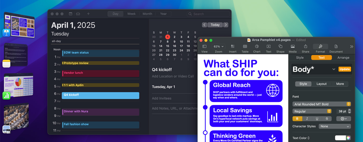 Mehrere iOS Apps werden auf einem Bildschirm mit Stage Manager angezeigt. Die Kalender und Pages Apps sind jeweils in einem Fenster geöffnet. Auf der linken Seite sind diverse andere Apps zu sehen.