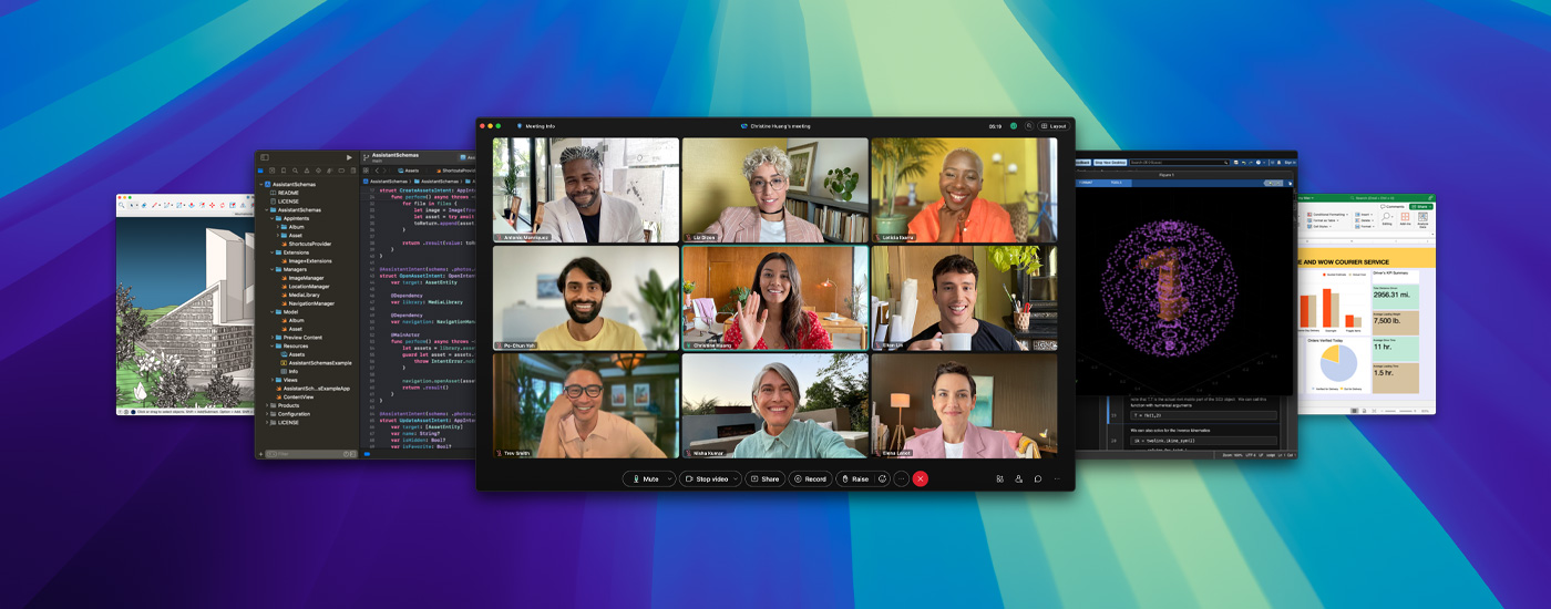 Es werden mehrere App Screens angezeigt, darunter eine virtuelle Webex Besprechung.