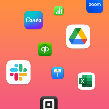 Renkli bir arka planda Slack, Canva, Google Workspace, Zoom, Quickbooks, Keynote, Excel, Square ve Numbers gibi üretkenlik uygulamalarının simgeleri görülüyor.