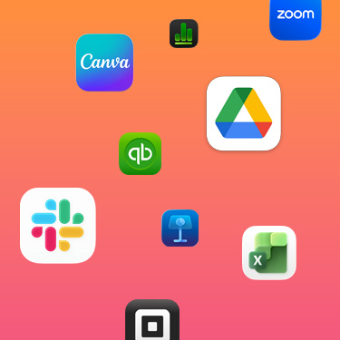 Iconos de las apps de productividad Slack, Canva, Google Workspace, Zoom, Quickbooks, Keynote, Excel, Square y Numbers sobre un fondo colorido.