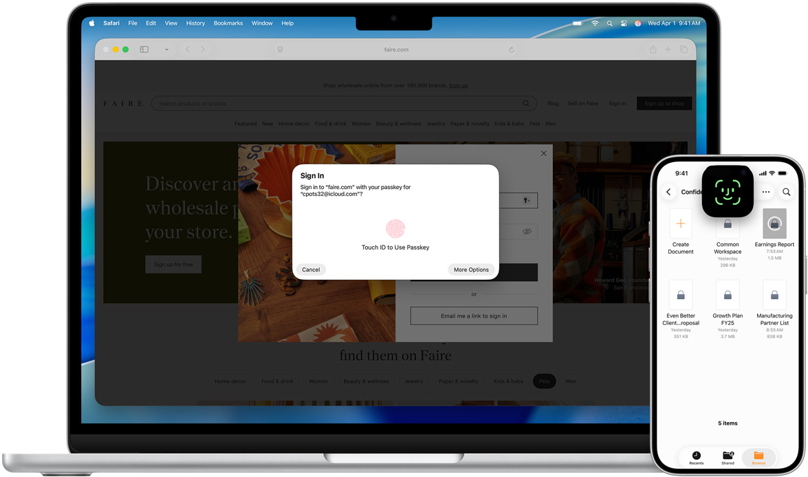 Vista frontal de un MacBook con la ventana de Touch ID. Delante del MacBook hay un iPhone con la pantalla de Face ID.