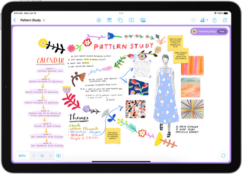 在 iPad 的 Freeform app 中，標示為「Pattern Study」的記事板上貼有幾張便條紙