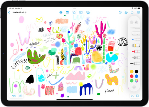 iPad 展示一幅色彩繽紛的繪圖，Freeform app 的繪圖工具櫃桶在繪圖的上方打開