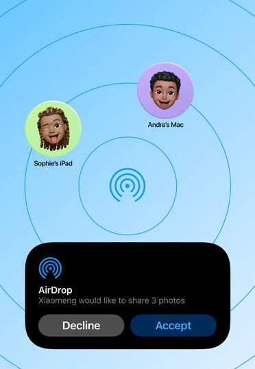 一台 Mac 桌面，顯示著已開啟的 AirDrop 功能。
