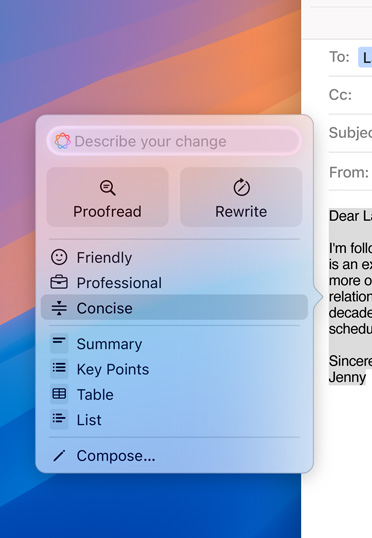 一台 Mac 桌面顯示了一封電子郵件草稿，並出現了 Apple Intelligence 的提示。已選擇讓電子郵件更加簡潔的選項。