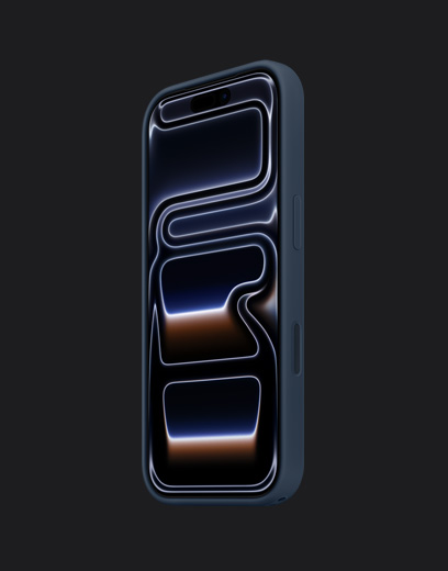 iPhone 17 Pro, fra forsiden, dypblå finish, med silikondeksel, marineblå farge