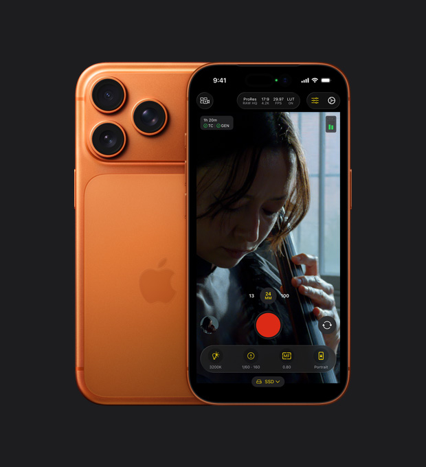 iPhone 17 Pro-skjermen på forsiden viser ProRes RAW-funksjonen under et opptak av en dame som spiller cello