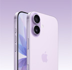iPhone 17, i lavendel, fra forsiden, vinklet fra baksiden, Dual Fusion-kamerasystem øverst til venstre, Kamerakontroll-knapp, fra forsiden, helskjermdesign, Handlingsknapp, volumknapper og sideknapp