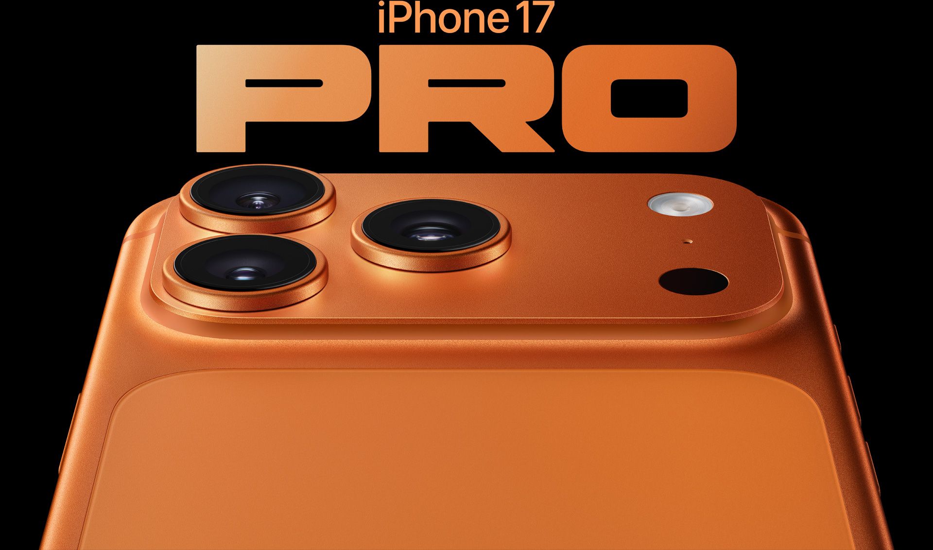 En iPhone 17 Pro i fargen kosmisk oransje vises delvis bakfra, med et Pro-kamerasystem øverst til venstre bestående av tre objektiver, mikrofon og blits.
