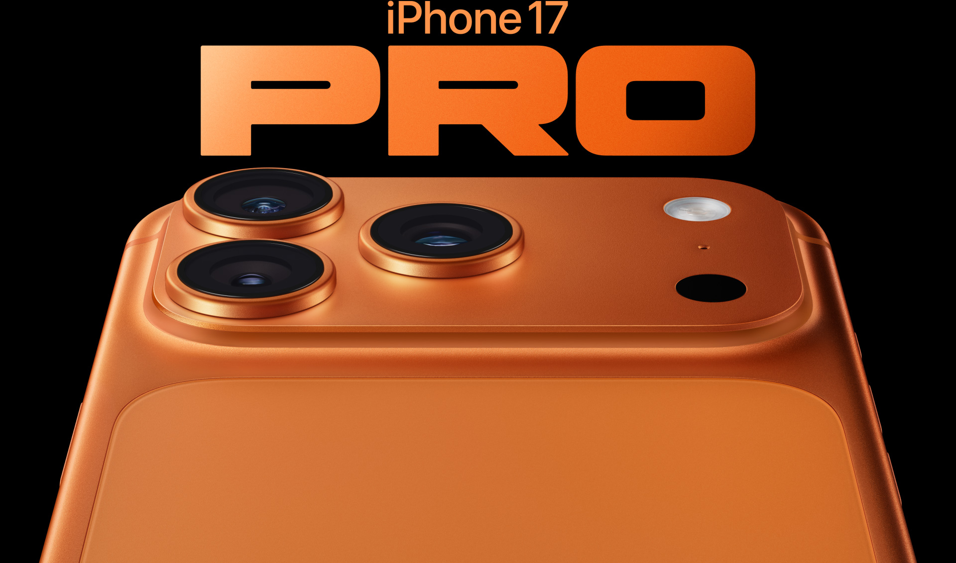 En iPhone 17 Pro i fargen kosmisk oransje vises delvis bakfra, med et Pro-kamerasystem øverst til venstre bestående av tre objektiver, mikrofon og blits.