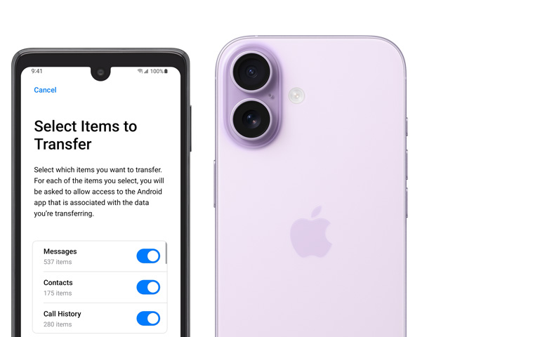 Android Display mit App «Auf iOS übertragen» neben einem iPhone 17, Rückansicht, fortschrittliches Zwei-Kamera-System oben links