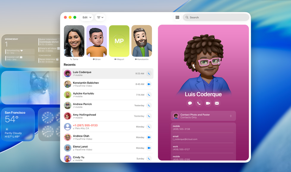 Pantalla bloqueada con la app FaceTime abierta, lista de llamadas recientes junto a una tarjeta de contacto con un Genmoji y el nombre de la persona