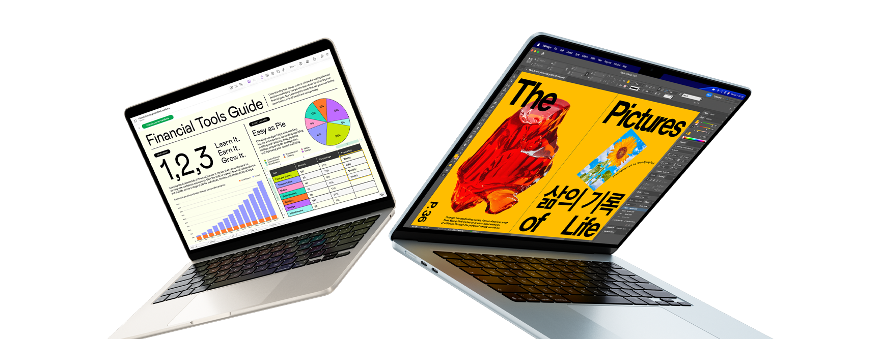 Un notebook MacBook Air de 13 pulgadas y otro de 15 pulgadas, una pantalla muestra un proyecto de Numbers y la otra un proyecto de diseño