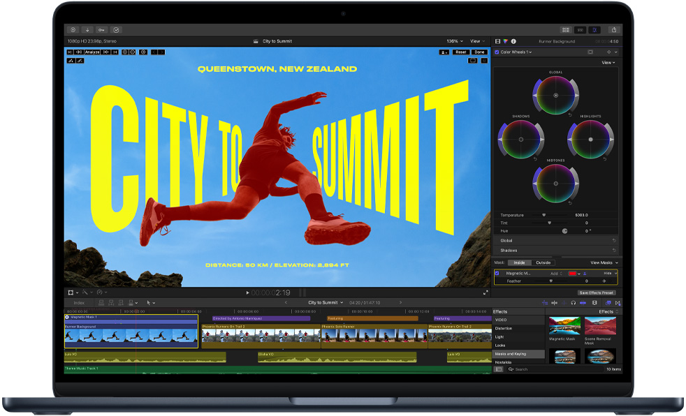 Un MacBook Air muestra una edición de video para demostrar las capacidades del chip M5