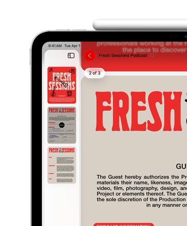 Un iPad, orientation paysage, un Apple Pencil fixé de façon magnétique à son sommet, seul le côté supérieur gauche de l’écran est visible, avec un PDF dans l’app Aperçu