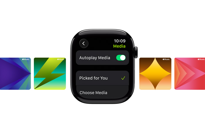 Eine Apple Watch in Diamantschwarz ohne Armband in der Bildmitte, auf dem Zifferblatt sind die Optionen «Für dich ausgewählt» und «Medien wählen» zu sehen, im Hintergrund sind benutzerdefinierte Apple Music Hintergrundbilder