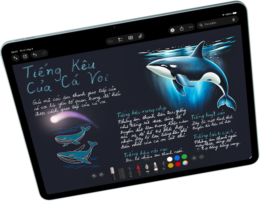 Hình ảnh nằm ngang của iPad Air, hiển thị Apple Intelligence với tính năng Đũa Phép Hình Ảnh trong Ghi Chú, Apple Pencil Pro