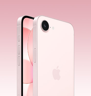 Mặt trước và mặt sau của iPhone 17e màu hồng phai, một phần màn hình trước, toàn cảnh mặt sau với logo Apple và camera đơn, mặt bên cho thấy nút Tác Vụ, nút âm lượng và nút sườn.